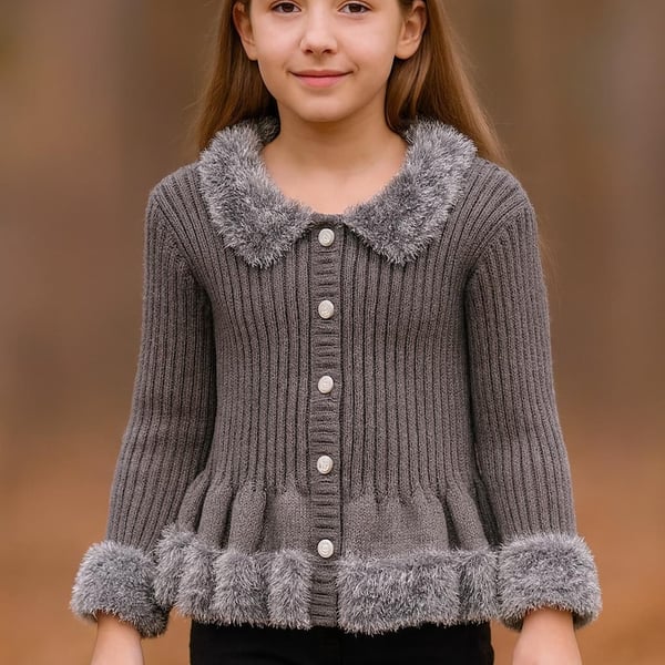 Grey knitted girls cardigan with tinsel yarn 30 inch chest 