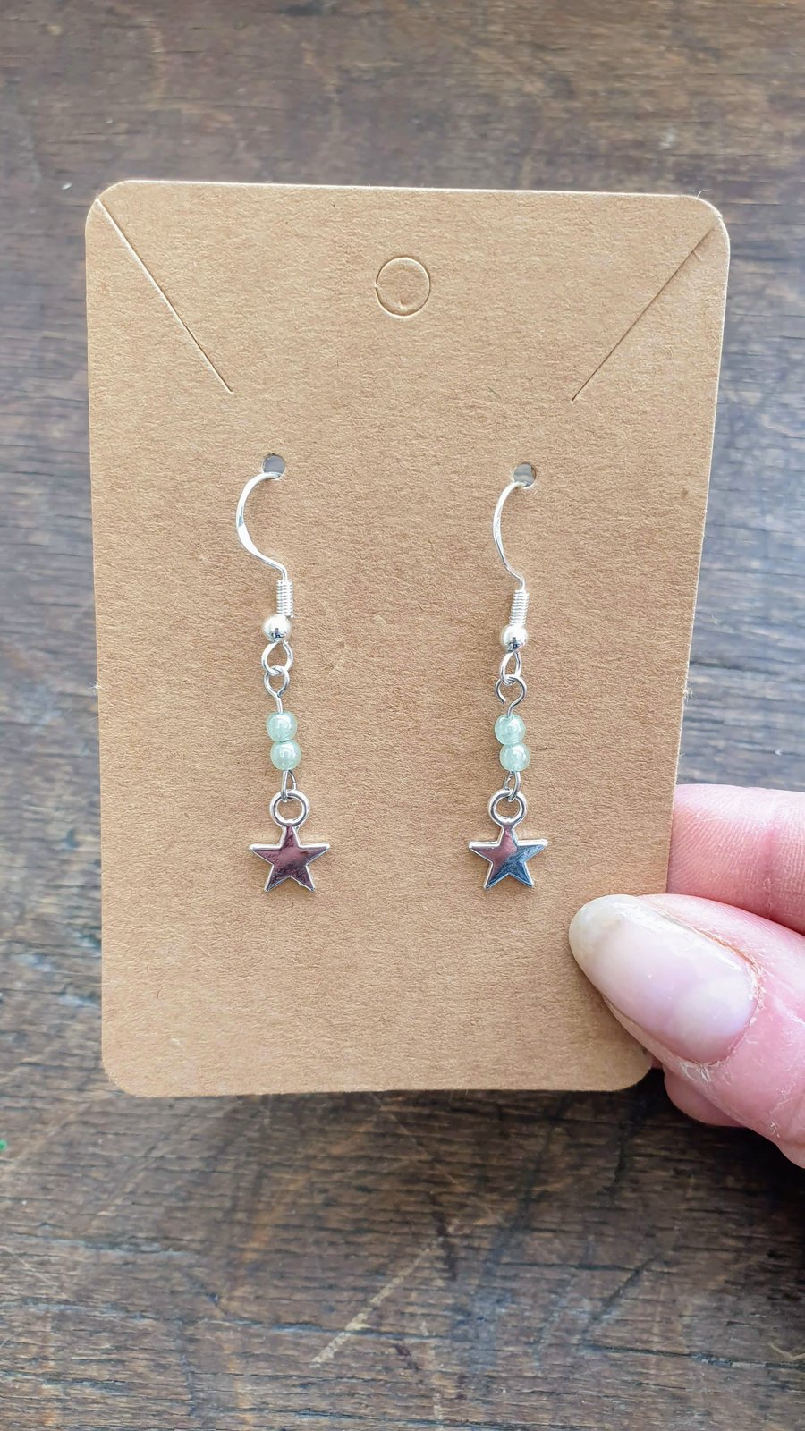 Little Star Charm Earrings with Two Green Recycled Glass Beads 