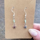 Little Star Charm Earrings with Two Green Recycled Glass Beads 