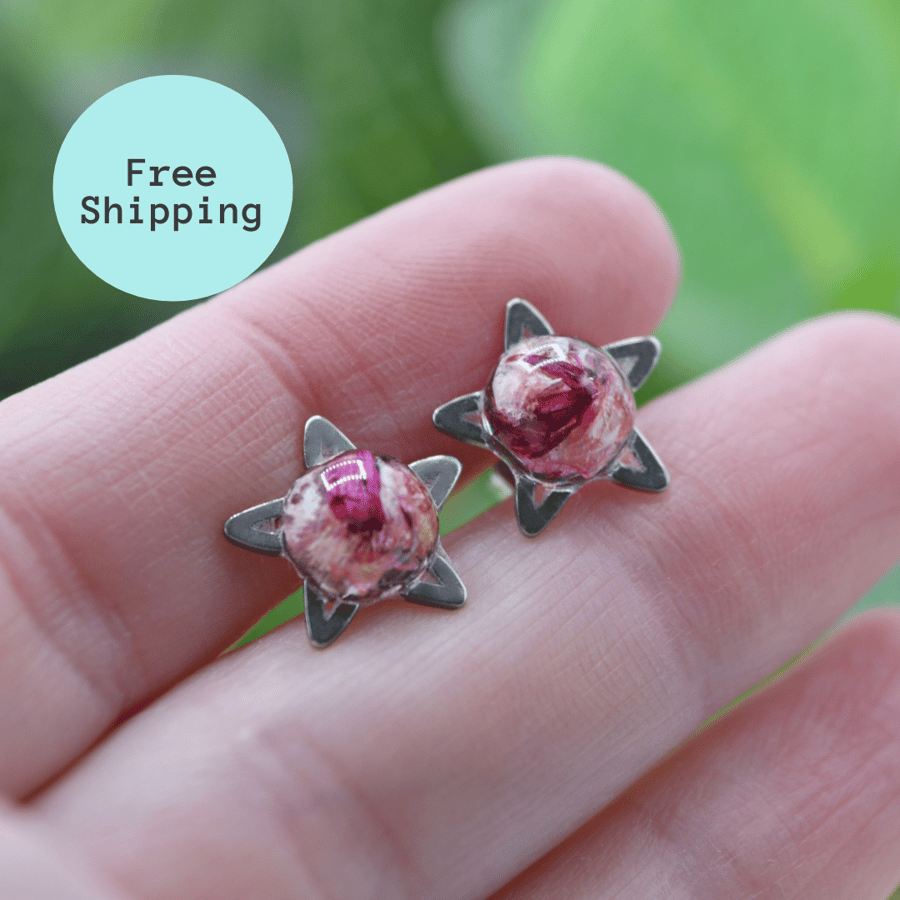 Pink Rose Petal Star Stud Earrings - Free Postage