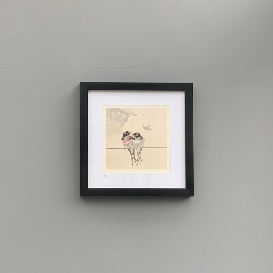 Birds on a Line, Square Print with Hand Stitching  - 'Together'