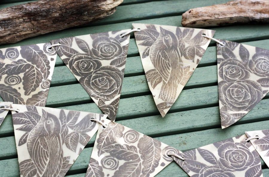 Lino print and wax paper bunting bird and roses