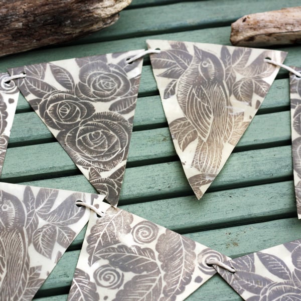 Lino print and wax paper bunting bird and roses