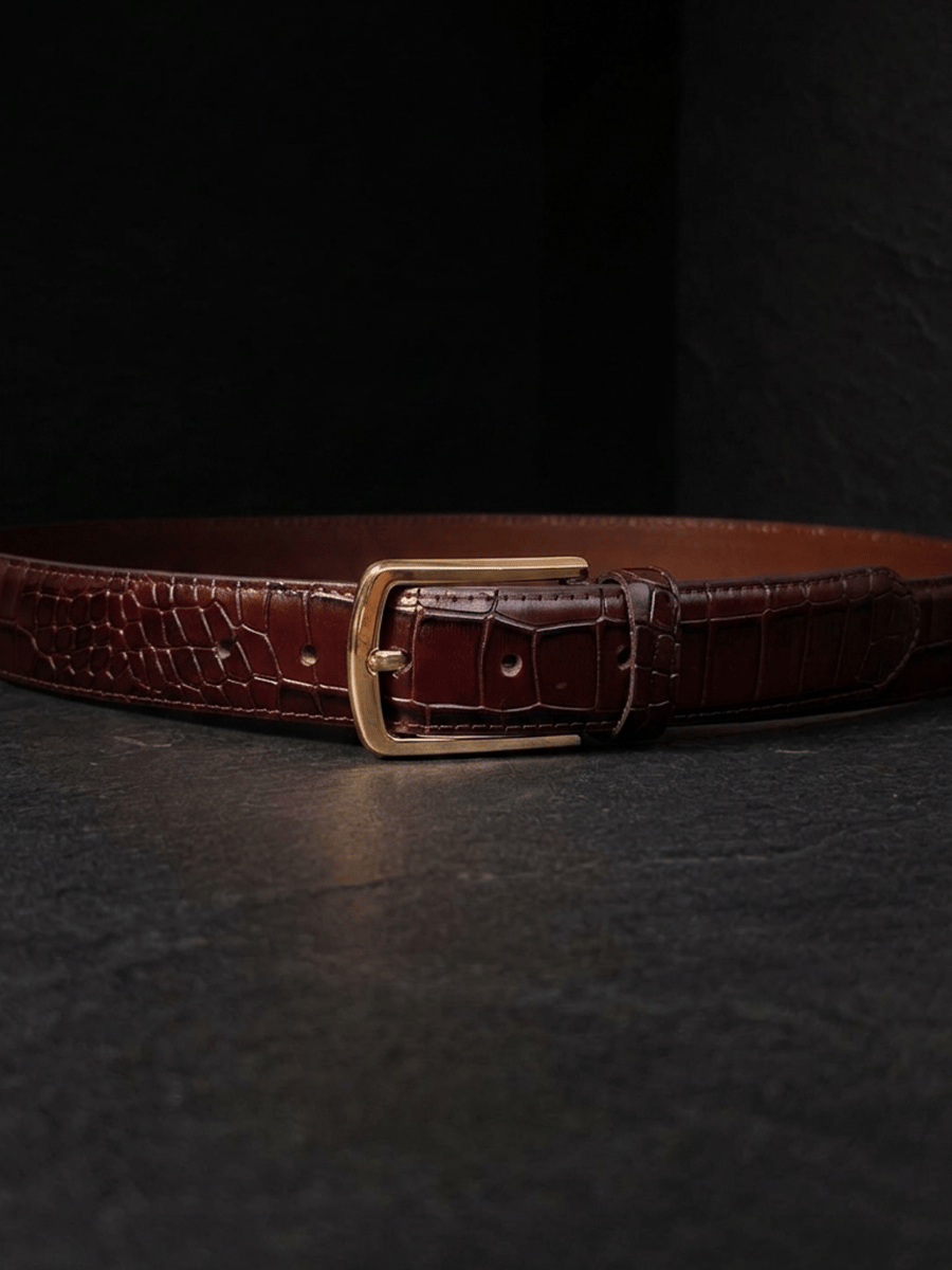 Image of Burgundy Full Grain Crocodile Embossed Belt Gold-Tone Buckle Mens Belt 38mm