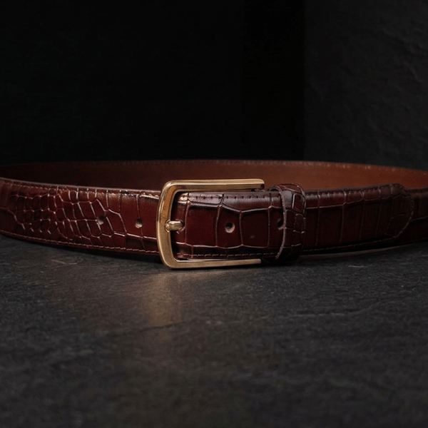Burgundy Full Grain Crocodile Embossed Belt Gold-Tone Buckle Mens Belt 38mm