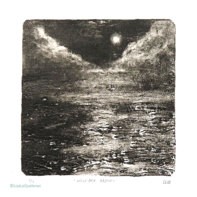 Winter Moon OOAK monoprint black and white coastal beach scene