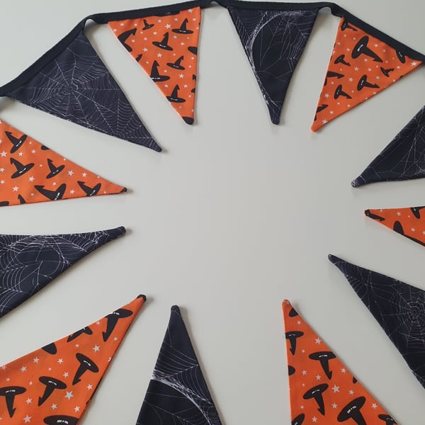 Spooky Cobweb and Orange Witches Hats Bunting on Black Binding