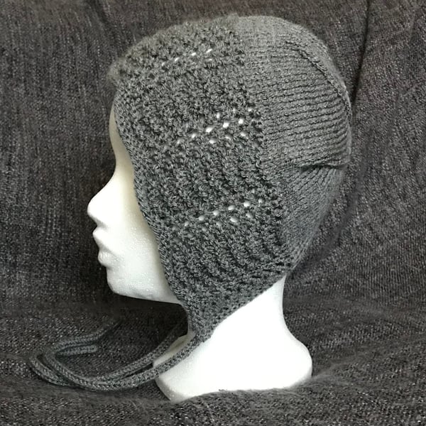 Grey lace bonnet hat, adult, hand knitted
