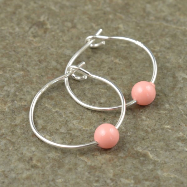 Boho 4mm "Pink Coral" Swarovski Crystal Pearl 15mm Sterling Silver Hoop Earrings