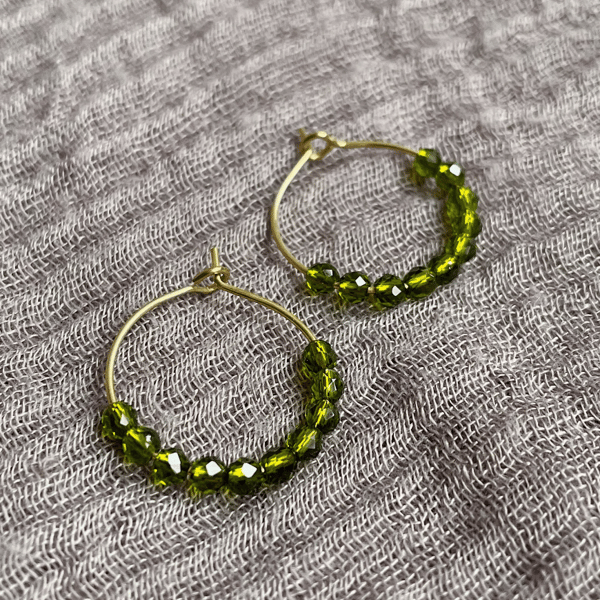 Green beaded hoop earrings, holiday jewellery, gift for her, beach earrings