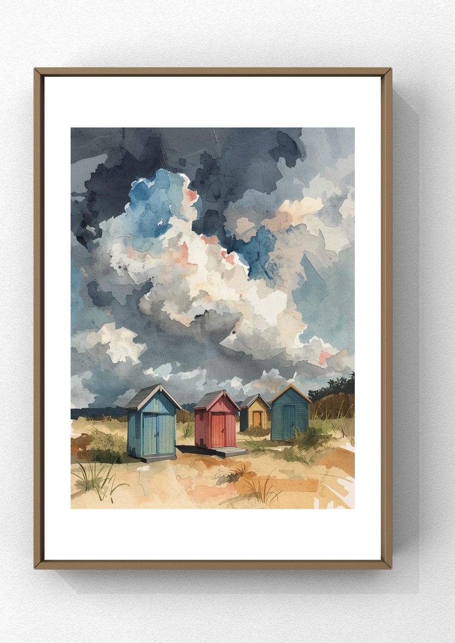 Beach Hut Coastal Wall Art - A4 Modern Seaside Print