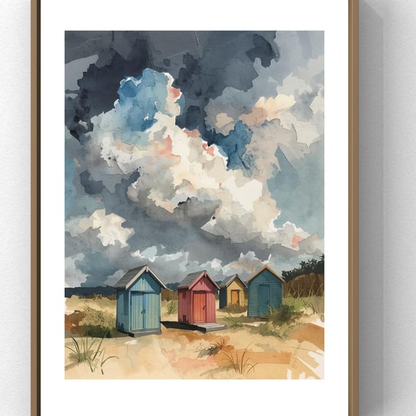 Beach Hut Coastal Wall Art - A4 Modern Seaside Print