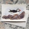Hand painted card Puffin on the rocks