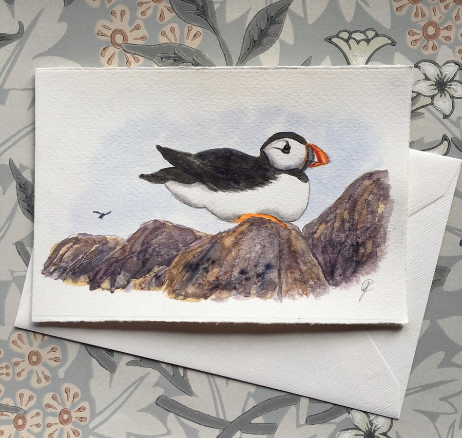 Hand painted card Puffin on the rocks