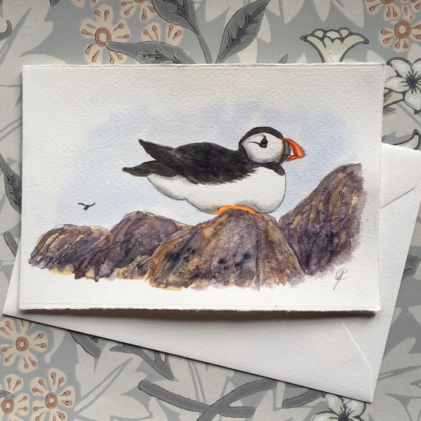 Hand painted card Puffin on the rocks