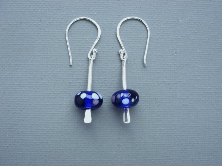 Dotty Solid Sterling Silver Drop Earrings With cobalt blue British Lampwork 