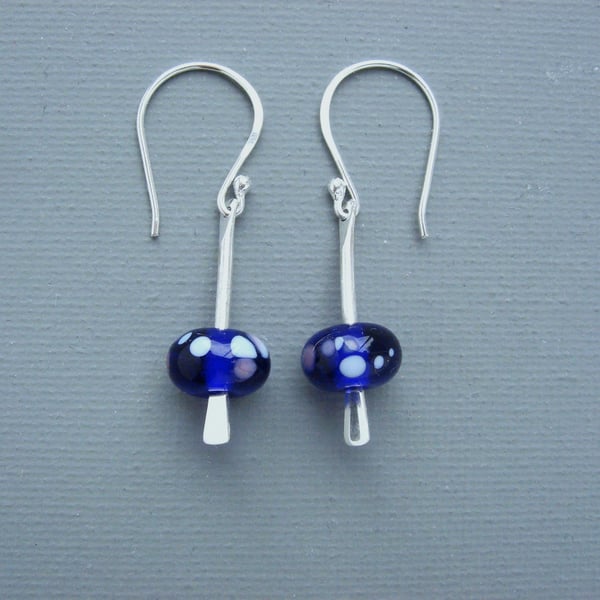 Dotty Solid Sterling Silver Drop Earrings With cobalt blue British Lampwork 