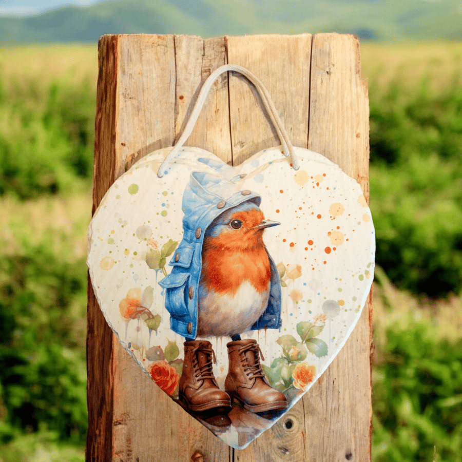 Red Robin in Oversized Boots Large Decoupaged Slate Heart