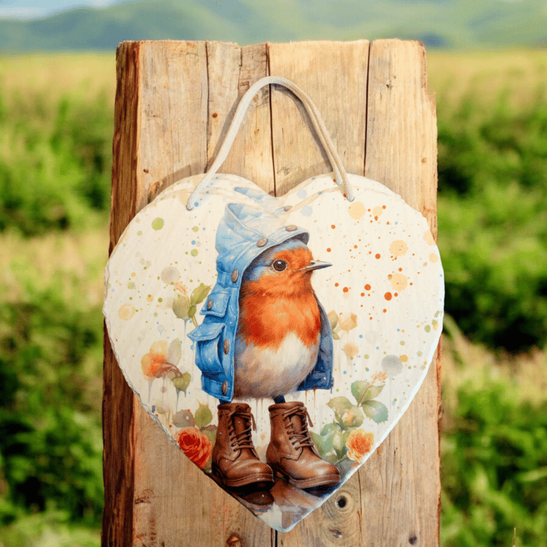 Red Robin in Oversized Boots Large Decoupaged Slate Heart