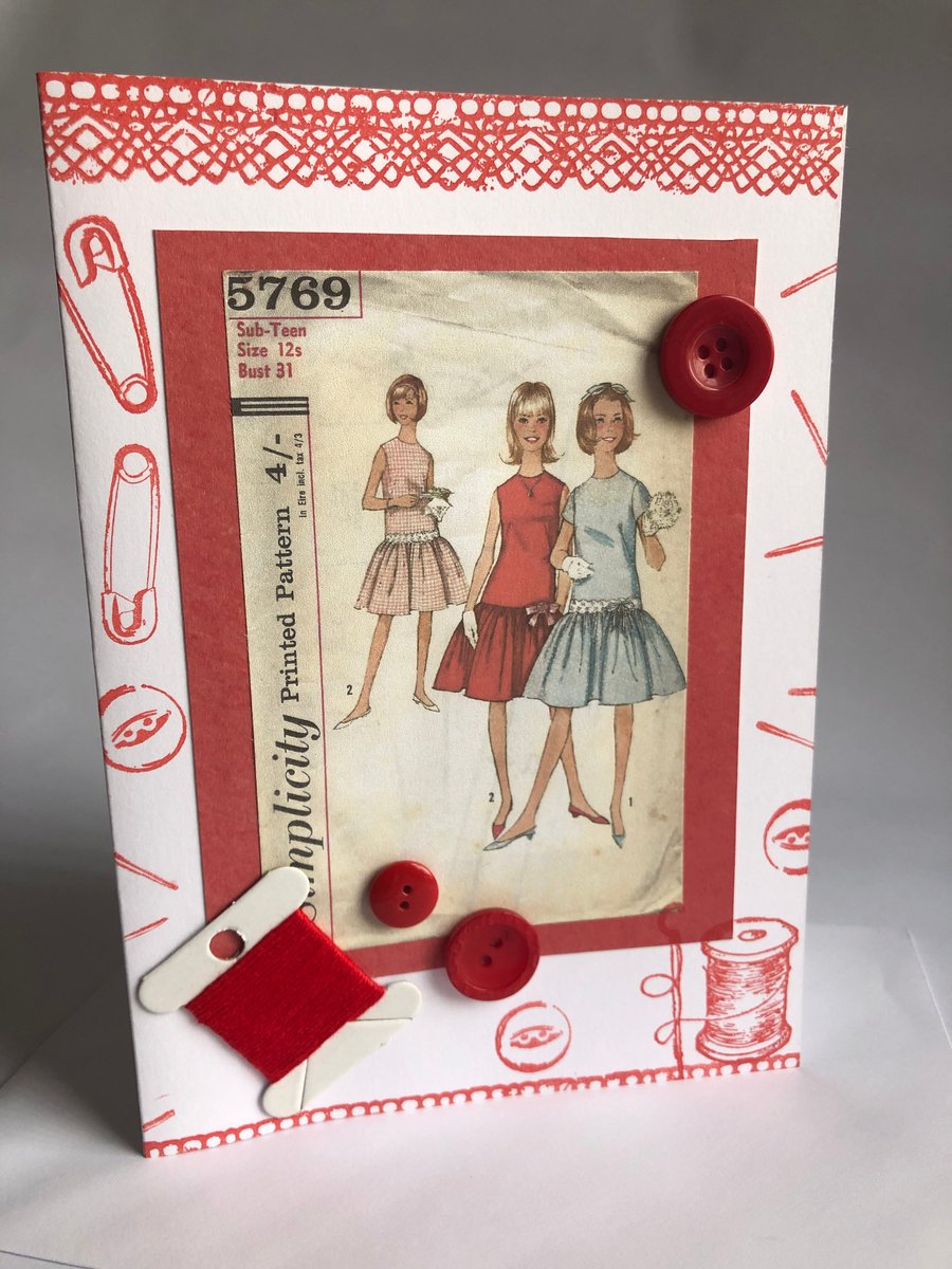 1960s Red Themed Girl's Drop Waisted Dress Pattern Embellished Blank Card