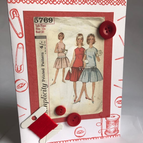 1960s Red Themed Girl's Drop Waisted Dress Pattern Embellished Blank Card