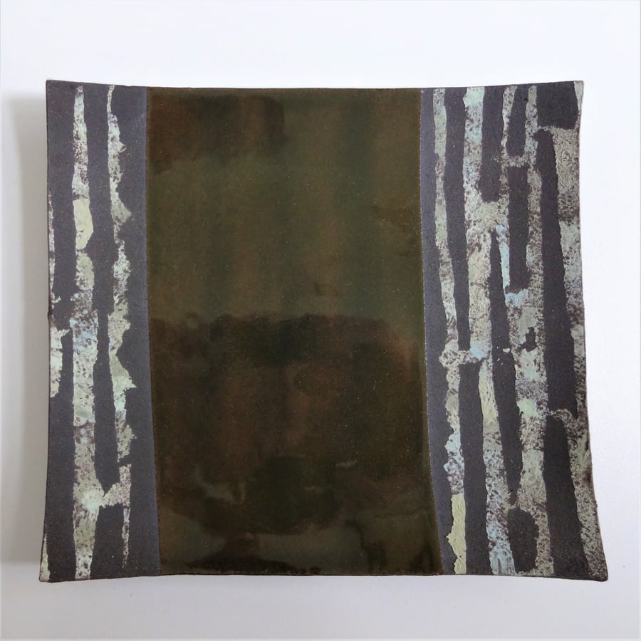 Rectangular ceramic platter plate with glazed panel and abstract motifs