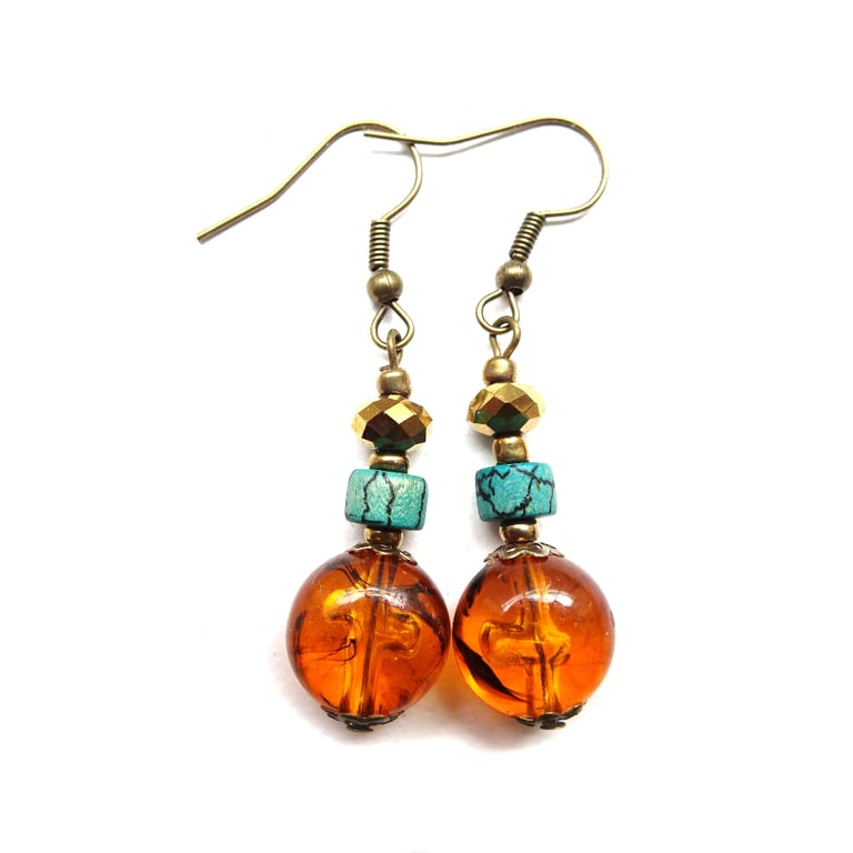 Clear Orange Green Gold Effect Bead Dangle Drop Earrings