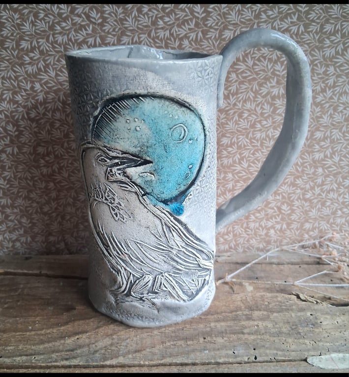 Ceramic handmade small tea cup espresso crow and moon
