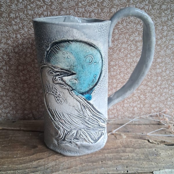 Ceramic handmade small tea cup espresso crow and moon
