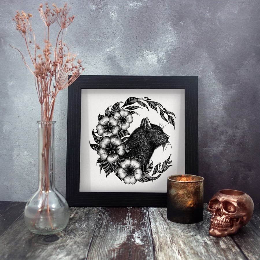 Black Cat Illustration, Square Art Print, Botanical, Gothic, Wicca, Alternative