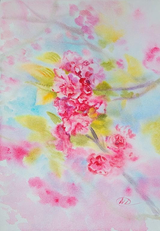 Original Cherry Blossom Watercolor Painting - Pink Floral Tree Branch Art Signed