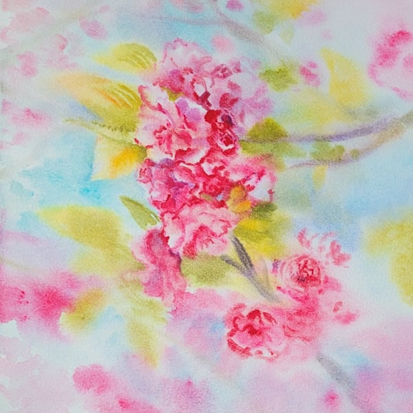 Original Cherry Blossom Watercolor Painting - Pink Floral Tree Branch Art Signed