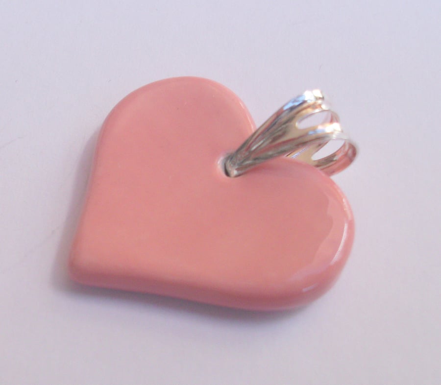 Sale Ceramic pink heart pendant - sterling silver