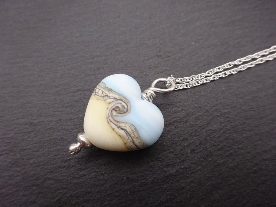 lampwork glass blue beach heart pendant, sterling silver chain