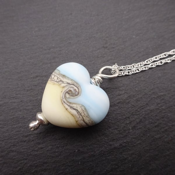 lampwork glass blue beach heart pendant, sterling silver chain