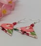 Japanese triangle paper earrings: red, pink and green camellias design