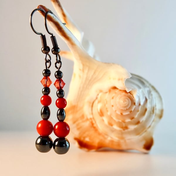 Red Bamboo Coral & Hematite Earrings With Swarovski Crystals - Handmade In Devon