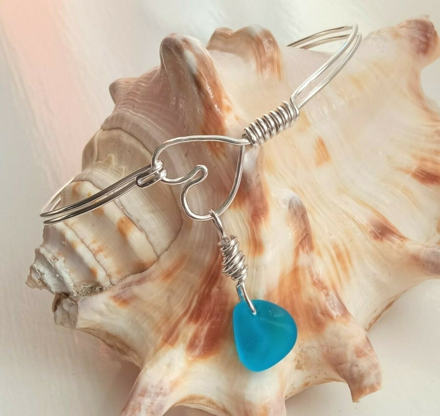 Sterling Silver Handmade Wire Heart Bangle with Blue Seaglass Charm One Size