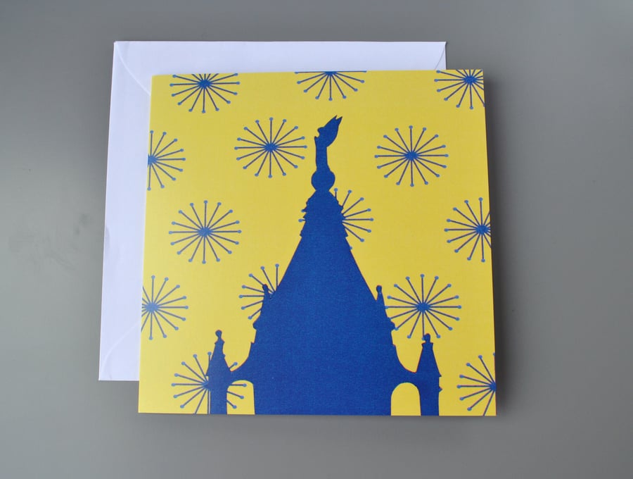 Cabot Tower, Bristol blank card on bright yellow and blue patterned background 