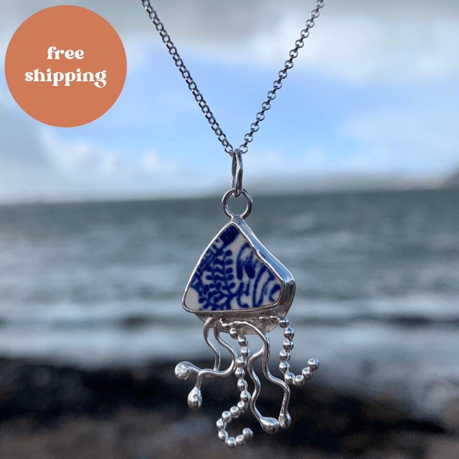 Sea Pottery Sea Glass and Sterling Silver Jelly Fish Pendant Necklace