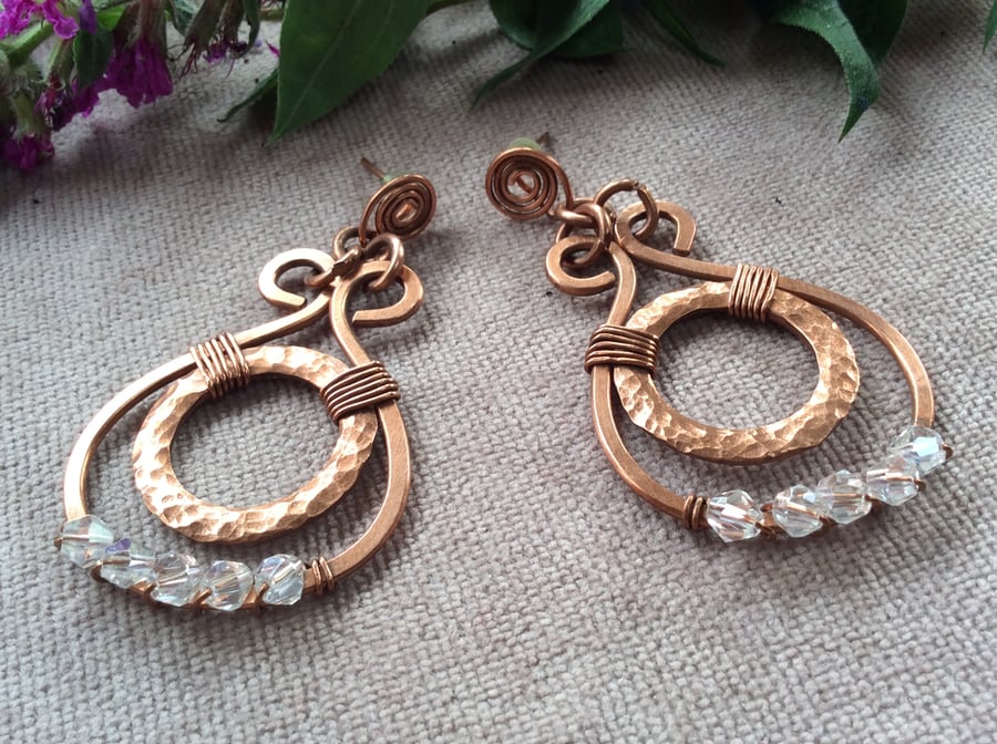 Vintage Style Solid Copper Wire Wrapped Loop Crystal Earrings 
