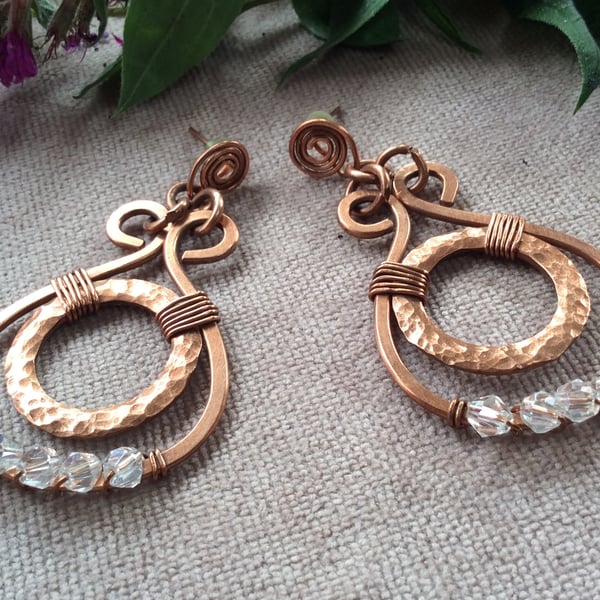 Vintage Style Solid Copper Wire Wrapped Loop Crystal Earrings 