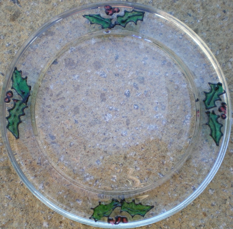 Glass Coaster with hand painted sets of holly leaves and berries - black outline