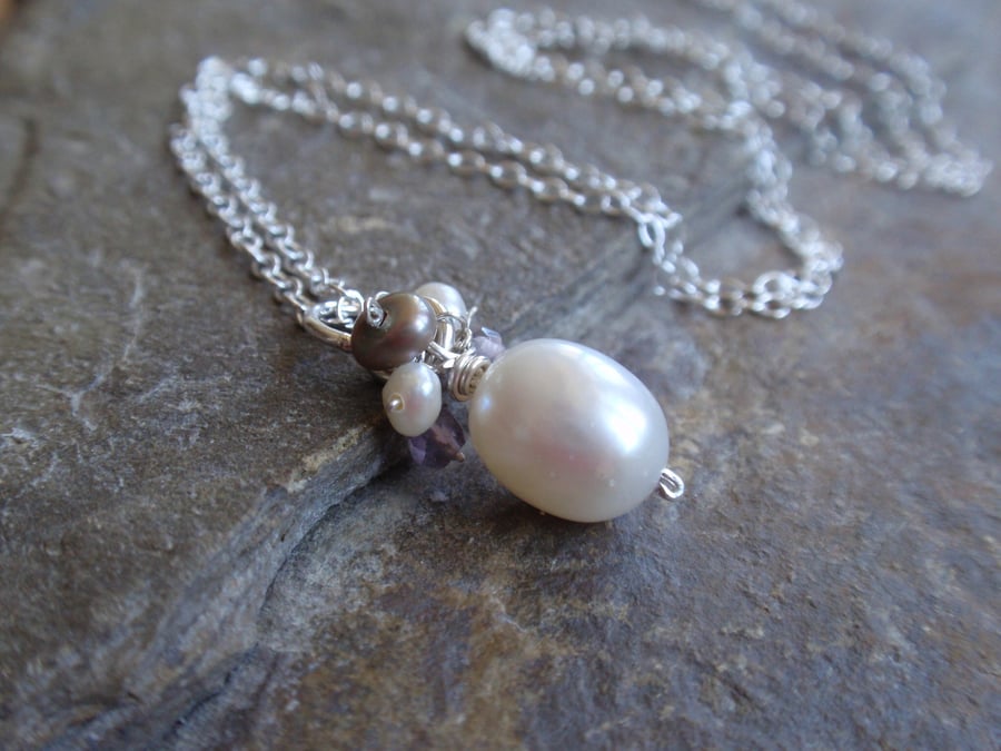 Freshwater pearl cluster necklace with amethyst gemstone