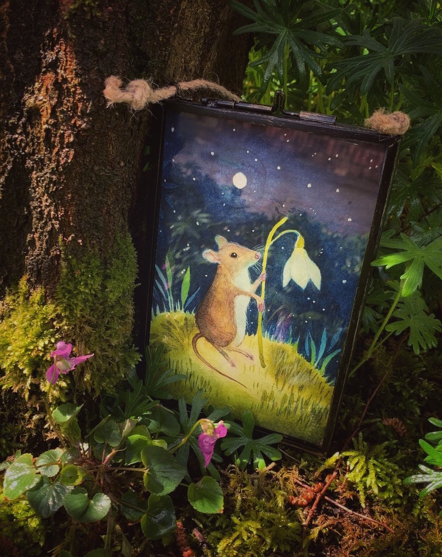 Print of 'Wilfred Mouse' framed in beautiful metal, hinged frame