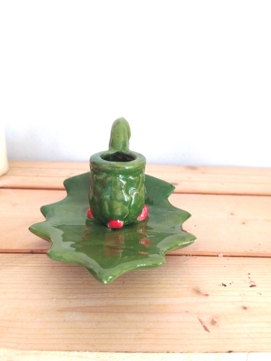 Pottery holly candleholder, vintage style holly leaf candleholder