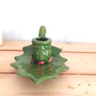 Pottery holly candleholder, vintage style holly leaf candleholder