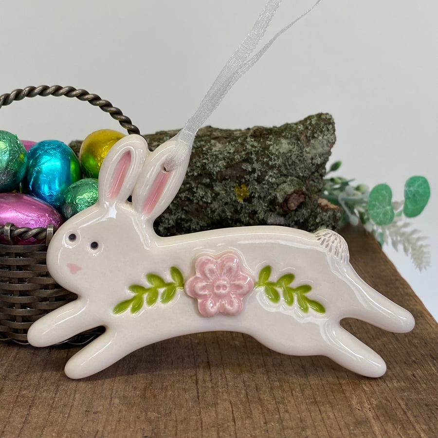 Ceramic Leaping Easter Bunny decoration pink flower