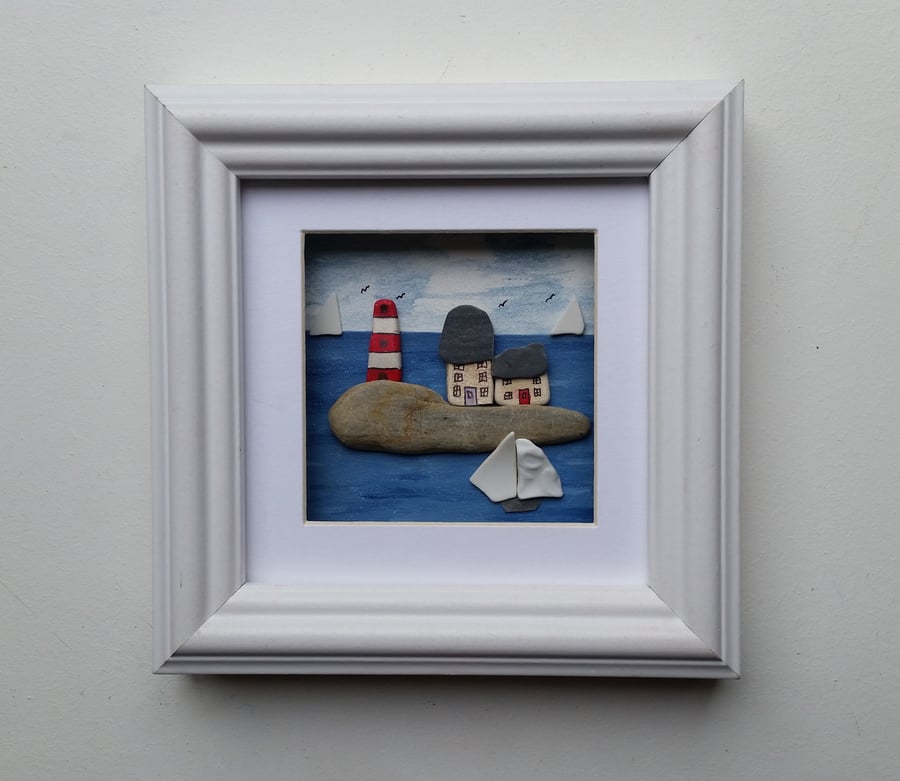 Cornish Cottages on the Quayside, Pebble Art, Pebble Pictures, Made in Cornwall