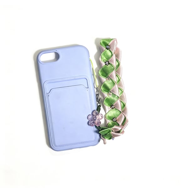 Handmade Green & Light Pink Ribbon Phone Strap with Beads & Floral Embellishment